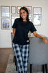 Women summer pajama set Black Tee + Black X White Glen Plaid Pants